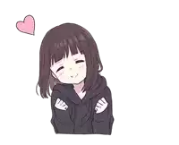 a girl in a black hoodie is smiling with a pink heart above her head .