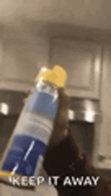 a person is holding a spray bottle in a kitchen with the words `` keep it away '' written on it .