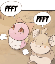 a cartoon of a hamster and a pink worm with speech bubbles saying pfft