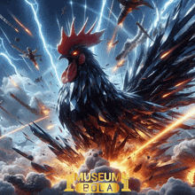 a poster for museum pola ii shows a rooster in a explosion