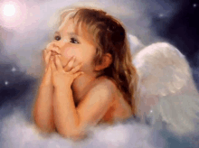 a little girl with angel wings is sitting in a cloud