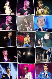 a collage of photos of a man singing into microphones