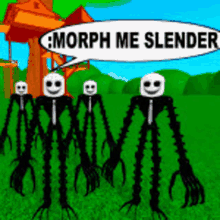 a group of skeletons standing in a field with a speech bubble that says `` morph me slender ''