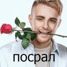 a man is holding a rose in his mouth and smiling .