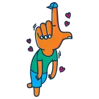 a cartoon drawing of a man with a hat on his finger pointing up