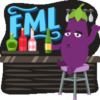 a cartoon illustration of an eggplant sitting at a bar