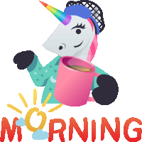 an illustration of a unicorn holding a pink cup of coffee with the word morning below it