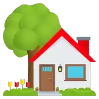 an illustration of a house with a red roof and a tree