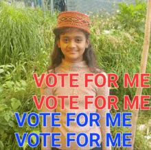 a young girl wearing a hat stands in front of a sign that says vote for me vote for me vote for me