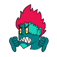 a cartoon drawing of a monster with red hair giving the thumbs down sign