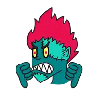 a cartoon drawing of a monster with red hair giving the thumbs down sign