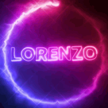 a neon sign that says lorenzo in a purple and pink circle