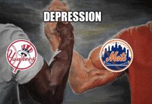 a yankees and mets arm wrestling with the words depression above