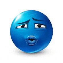 a blue smiley face with a sad look on its face and a kiss on its lips .