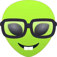 a green alien wearing glasses and a smile on his face