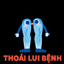 a cartoon illustration of two blue birds with the words thoai lui benh in red