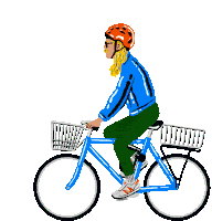 a woman wearing a helmet is riding a blue bike