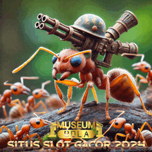 an advertisement for situs slot gacor shows an ant with a gun on its back