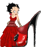 betty boop is wearing a red dress and standing next to a red shoe