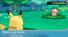 a video game screen shows pikachu using nuzzlel against another pokemon