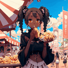 a girl with pigtails is eating corn on the cob at a food festival