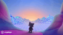 a cartoon cat looking at a futuristic landscape with a cryptoys logo