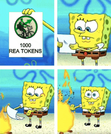 a cartoon of spongebob reading a piece of paper that says 1000 rea tokens