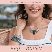 a woman wearing a necklace and bracelet with the words bbq + bling below her