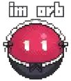 a pixel art drawing of a red ball with two eyes and the words `` i 'm orb '' .