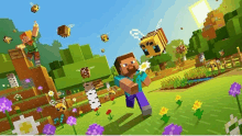 a man is holding a flower in a minecraft game while a bee flies around him .