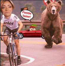 a woman riding a bike with a speech bubble saying " peddle faster "