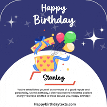 a happy birthday card for stanley with balloons and a gift box