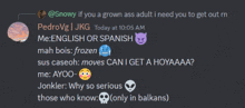 a screenshot of a discord conversation between pedrovg and jonkler