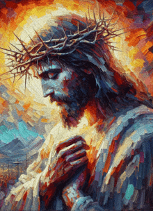 a colorful painting of jesus wearing a crown of thorns