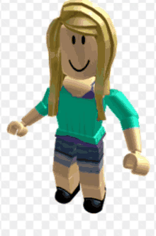 a girl with blonde hair is wearing a teal shirt and shorts