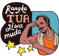 a cartoon of a man flexing his arm with the words rangka tua jiwa muda behind him