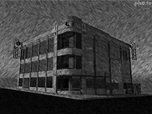 a black and white drawing of a building that says cccp on the side