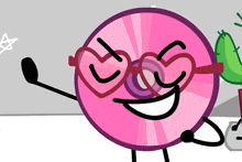 a cartoon character wearing heart shaped glasses is smiling