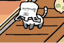 a cartoon cat is sitting on a wooden floor next to a railing .