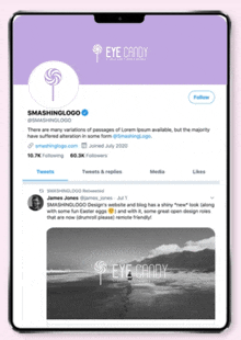 a tablet screen shows a smashinglogo twitter page