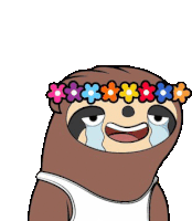 a cartoon sloth with a flower crown on his head