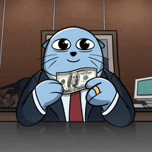 a cartoon cat is holding a one hundred dollar bill in his hands