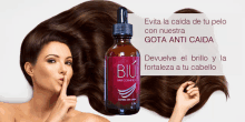 a woman holds her finger to her lips next to a bottle of bio hair cosmetics