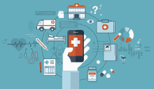 an illustration of a hand holding a cell phone with a red cross on the screen