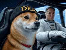 a dog wearing a beanie that says dea sits next to a man in a space suit