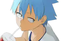 a blue haired anime character drinking from a cup with a straw