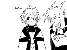 a black and white drawing of two anime characters standing next to each other and talking .