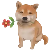 a dog holding a flower in its mouth