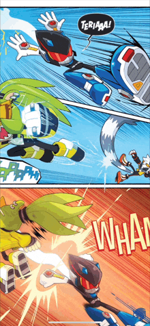 a page from a comic book shows a sonic character flying through the air with the words " teriaaa " above him