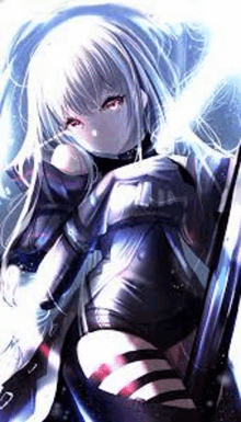 a girl with white hair and red eyes is holding a sword in her hand .